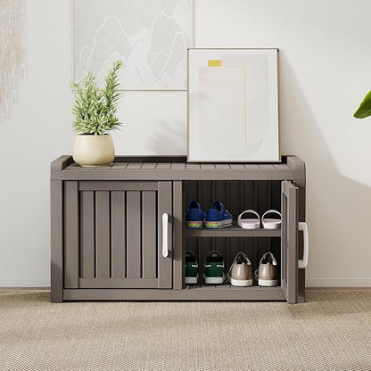 2-Tier Storage Bench, Waterproof UV-Resistant Outdoor Shoe Storage Cabinet with 2 Doors & Adjustable Shelves for Indoor Outdoor Entryway, Hallway, Living Room (Grey)
