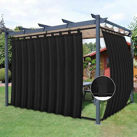 Easy-Going Outdoor Patio Curtains Detachable Tab Top Windproof Weatherproof Curtain for Cabana, Porch, Pergola and Gazebo, Tab Bottom Drape, 2 Panels, 110W x 84L inch, Black
