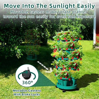 Strawberry Vertical Planters Tower Garden 2 Pack, 7 Tiered Stacking Herb Vegetable Planter with Support Pole Indoor and Outdoor - Hunter Green