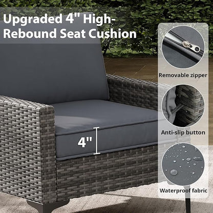 Jing's Villa 2-Piece Outdoor Sectional Set, All-Weather Wicker Patio Furniture with Loveseat & Tempered Glass Table, Comfortable Garden Conversation Set for Backyard, Poolside, Deck,Grey
