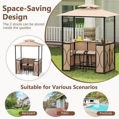 Tangkula 3-Piece Patio Bar Set, Grill Gazebo & 2 Bar Stools with Tempered Glass Bar Table, Metal Storage Shelves, Glass Holders, Double-Tier Soft Top Canopy BBQ Gazebo Shelter for Patio Garden (Brown)