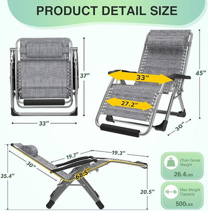 Suteck Oversized Zero Gravity Chair,33In XXL Lounge Chair w/Removable Cushion&Headrest, Reclining Camping Chair w/Upgraded Lock and Footrest, Reclining Patio Chairs Recliner for Indoor Outdoor,500LBS