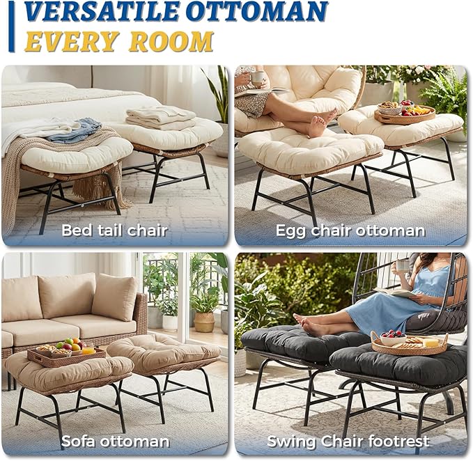 NICESOUL Indoor Outdoor Ottoman Set of 2, Large Wide Double Patio Footstool, PE Rattan Thicken Cushioned Footrest, All-Weather Wicker Furniture for Balcony, Porch, Living Room, Egg Chair, Grey