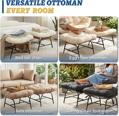 NICESOUL Indoor Outdoor Ottoman Set of 2, Large Wide Double Patio Footstool, PE Rattan Thicken Cushioned Footrest, All-Weather Wicker Furniture for Balcony, Porch, Living Room, Egg Chair, Grey