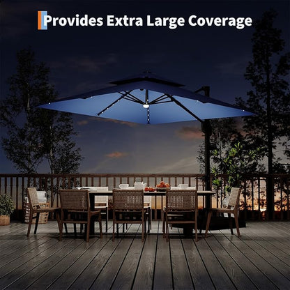 Garvee 10 ft Solar Lights Cantilever Patio Umbrella with Base Included, 360° Rotation Offset Umbrella, Easy Crank & Tilt Adjustment, UV Protection for Backyard, Poolside, Deck -Navy Blue
