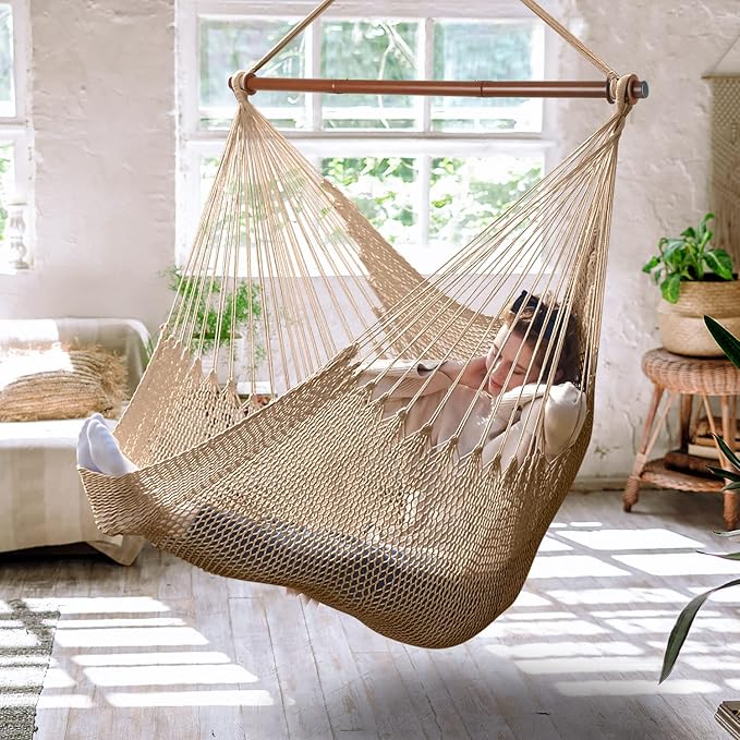 Upgraded Caribbean Hammock Chair with Detachable Metal Bar, Large Hammock Swing Chair, XL Rope Hanging Chair for Outdoor Indoor, 330 LBS Weight Capacity, Burlywood