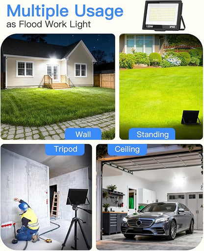 120W LED Flood Light Outdoor with Plug, 14400Lm Super Brighter Security Lights with 5ft Wire, IP66 Waterproof LED Work Light, 5000K Daylight White Exterior Floodlights for Yard Garage Stadium(2 Pack)