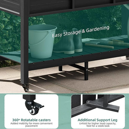 YITAHOME Raised Garden Bed HDPE, 47x18x31In Raised Flower Bed Poly-Wood Weather-Resistant Elevated Planter Box with Lockable Wheels & Storage Shelf for Vegetable Flower, Black