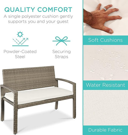 Best Choice Products Outdoor Bench 2-Person Wicker Garden Patio Benches Seating Furniture for Backyard, Porch w/Seat Cushion, 700lb Capacity - White Sand/Taupe