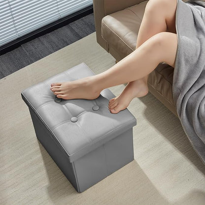AmasSmile Storage Ottoman Folding Foot Rest Stool, Leather Footstool Bench, Short Ottoman Stool, Storage Foot Rest Store, Books (Grey, 17" D x 13" W x 13" H)