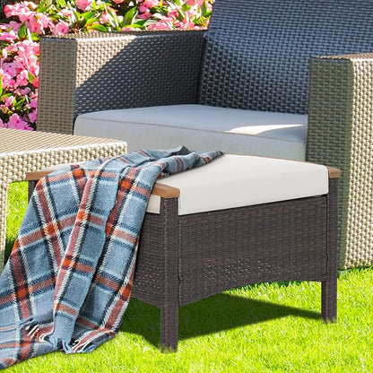Tangkula 2 Piece Patio Rattan Ottomans, Outdoor Wicker Footstool w/Acacia Wood Handles, Soft Zippered Cushions, 3-in-1 Function Footstool Seat & Side Table for Backyard, Balcony, Poolside (Off White)
