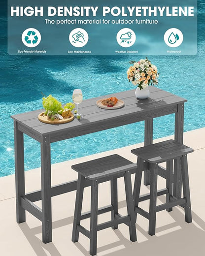 SERWALL 3-Piece Outdoor Bar Set, Rectangular All Weather HDPE Bar Height Patio Set, Outdoor High Top Table and Stools for for Outside, Poolside, Backyard, Garden, Grey