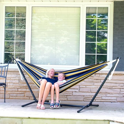 Vivere Double Cotton Hammock with Space Saving Steel Stand, Upgraded Polyester End Strings 450 lb Capacity - Premium Carry Bag Included -(Serenity)