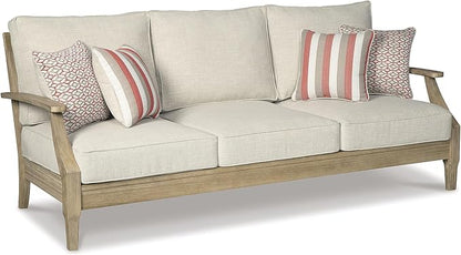 Signature Design by Ashley Clare View Outdoor Patio Sofa, 4 Throw Pillows, Nuvella Weather Resistant Fabric, Eucalyptus Wood, 81" W x 35" D x 32" H, Beige