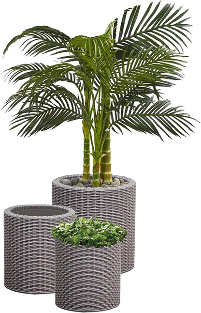 Keter Cylinder Set of 3 Rattan Resin Planter for Indoor and Outdoor Plants Ideal Decorative Planter for Porches and Patio Decor, Taupe