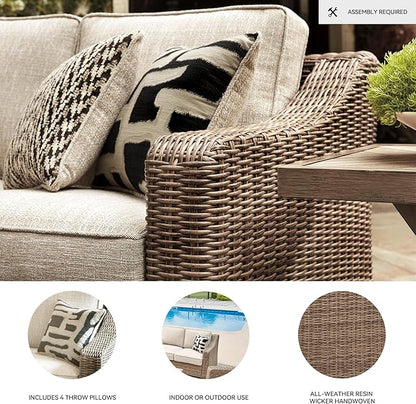 Signature Design by Ashley Beachcroft Outdoor Left & Right Arm Facing Wicker Patio Loveseats, Nuvella Weather Resistant Fabric, Brown & Beige