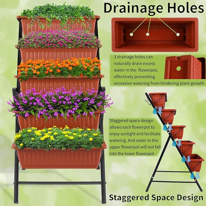 Homdox 3.74FT Vertical Garden Bed, 5 Tiers Raised Garden Planter, 23 * 26 * 45Inch Outdoor Stand with 4 Hooks for Vegetable Flower, Patio Yard, Brown