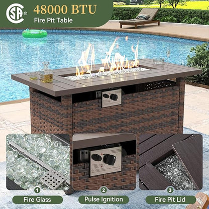 Aoxun 8 Piece Patio Furniture Set with 44” Fire Pit Table Wicker Rattan Outdoor Sectional Sofa Set with Coffee Table and Thickened Cushions, Gray (Waterproof Cover Included)