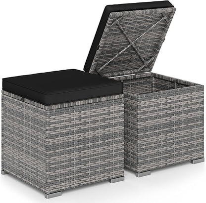 Tangkula 2 Pieces Patio Ottomans, Patiojoy Hand-Woven PE Rattan Side Table with Removable Cushion & Hidden Storage Space, Multifunctional Storage Box, Seat for Patio, Backyard, Poolside (Black&Grey)