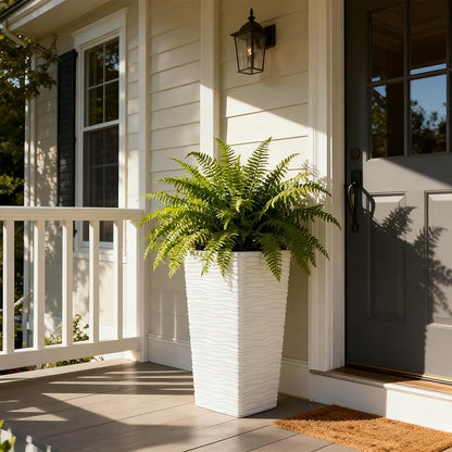 Worth Garden 22" Tall Planters Set of 2 - Plastic White Square Plant Pots with Drainage Hole - Modern Large Tapered Matte Wavy Tree Flower Pot for Indoor Outdoor Porch Deck
