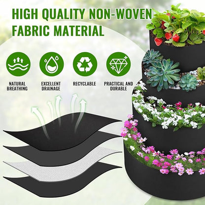 4 Pcs Plant Grow Bags 4 Tiered Strawberry Planter Tower Fabric Raised Garden Beds, 39 Inch Nonwoven Strawberry Pyramid Planter for Vegetables Flower Herbs Gardening Outdoor Growing (Black)