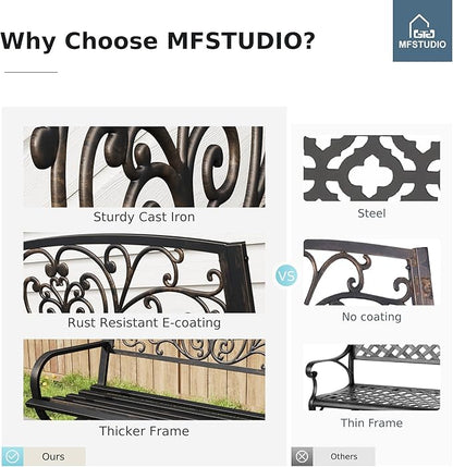MFSTUDIO 50 Inches Outdoor Garden Bench, Cast Iron Metal Frame Patio Park Bench with Floral Pattern Backrest, Arch Legs for Porch, Lawn, Yard-Bronze