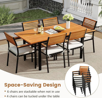 Tangkula 7 Piece Patio Dining Set, Outdoor Acacia Wood Cushioned Chairs and 51”-64” Expandable Rectangular Table Set, with Umbrella Hole, 6 Stackable Armchairs, for Poolside Garden (Off White)