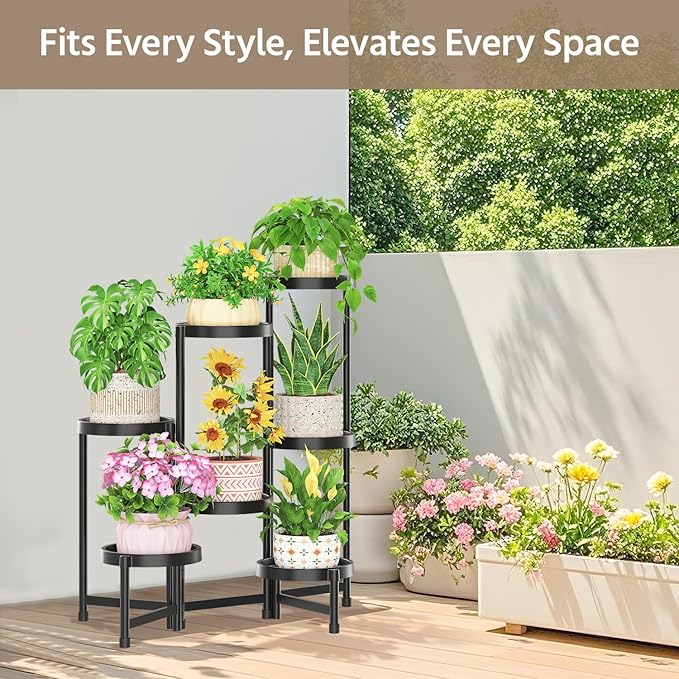 LASZOLA 7 Tiered Folding Plant Stand Indoor for Multiple Large Planter, Tall Heavy Duty Adjustable Rack with Rust Proof Plastic Shelving, Sturdy Vertical Tree Organizer for Narrow Inside Floor, Black