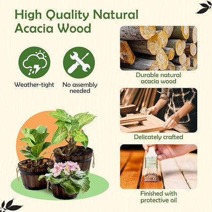 Set of 3 Wooden Flower Boxes Outdoor, Durable Acacia Wood Barrel Planters for Outdoor Plants with Ergonomic Handles, Drainage Holes, Multiple Sizes Wood Bucket Planter for Home Décor