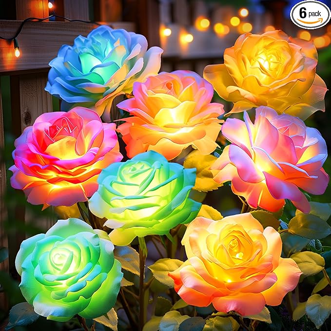 Solar Garden Lights Outdoor Waterproof: 6 Pack LED Solar Flowers Lights Garden Decor - 7 Color-Changing Spring Solar-Powered Stake Rose Decor for Patio Outside Yard Pathway Lawn Cemetery Decorations