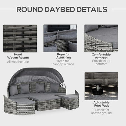 Outsunny 4-Piece Outdoor Rattan Furniture Set, Round Convertible Patio Daybed or Sunbed, Sectional Sofa with Canopy, Pillows, Cushions, Footrest, Table, PE Plastic Wicker, Gray