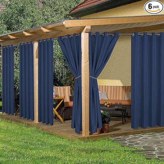 HolidayIdeas Outdoor Curtains for Patio Waterproof, 6 Panels - 54x84 Inches - Weatherproof Privacy Outsides Curtains for Cabana Porch Pergola, Sunlight & UV Blocking (Navy, Grommet Top)