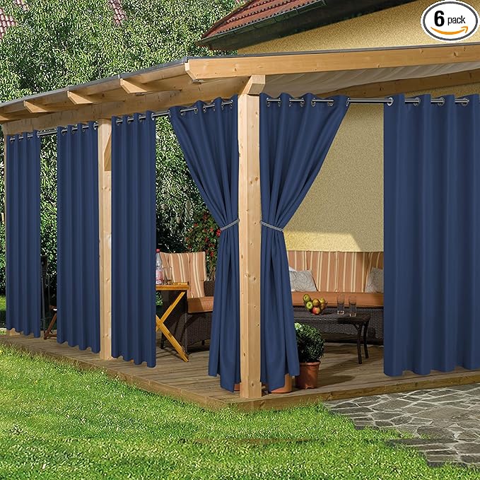 HolidayIdeas Outdoor Curtains for Patio Waterproof, 6 Panels - 54x95 Inches - Weatherproof Privacy Outsides Curtains for Cabana Porch Pergola, Sunlight & UV Blocking (Navy, Grommet Top)