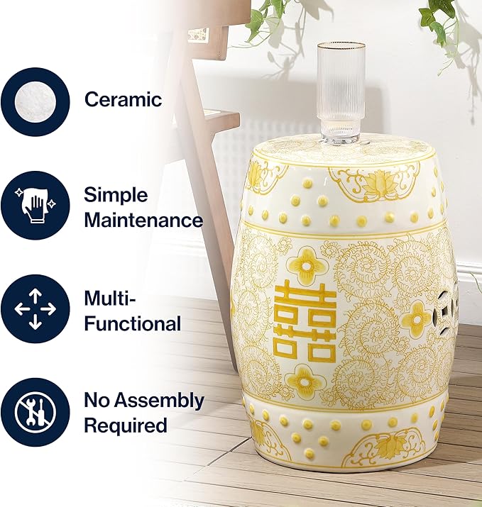 Decorative Garden Stools, 18-Inch Ceramic Drum Seat in Yellow and White