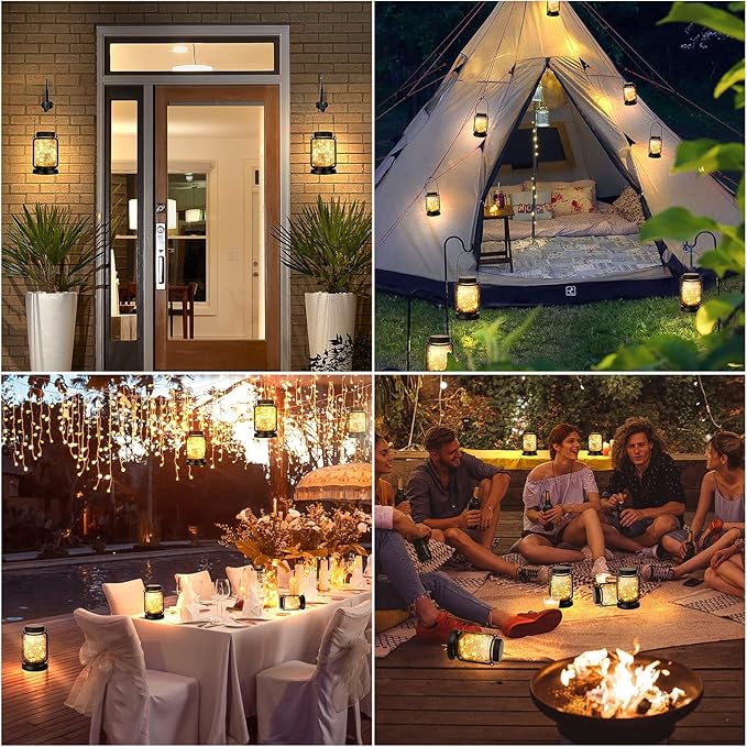 Mlambert 4 Pack Solar Hanging Lantern with Stakes, Outdoor Waterproof Solar Mason Jar Fairy String Lights Decorative Vintage Glass Lamp-Warm White