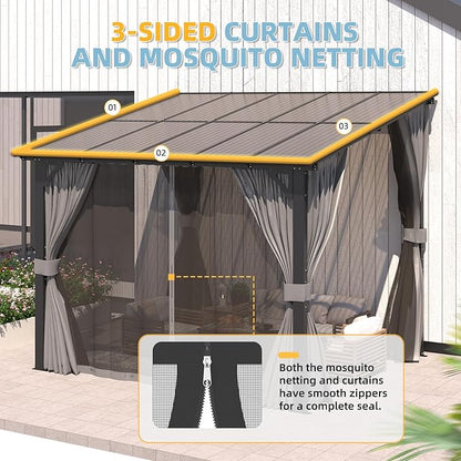 AECOJOY 10' X 8' Gazebo for Patio, Small Wall-Mounted Lean to Gazebo Pergola with Curtains and Netting, 8x10 Hard Top Pergolas and Gazebos on Clearance for Lawn Backyard Garden Deck