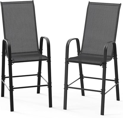 VINGLI Set of 2 Stackable Outdoor Bar Stools – Sling Chairs with High Back & Armrests, for Lawn, Garden, Bar, Black