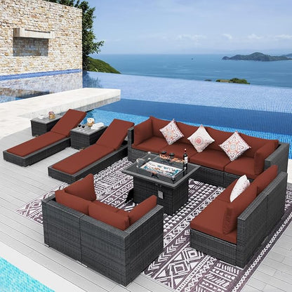 NICESOUL 13 Piece Large Outdoor Sectional with Fire Pit Table, 29.3'' High Back Patio Furniture with Fire Pit Table & Chaise Lounge, Big Deep 10-Seater for Garden, Grey Wicker & Burgundy Cushion