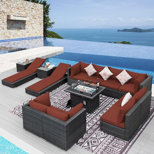 NICESOUL 13 Piece Large Outdoor Sectional with Fire Pit Table, 29.3'' High Back Patio Furniture with Fire Pit Table & Chaise Lounge, Big Deep 10-Seater for Garden, Grey Wicker & Burgundy Cushion