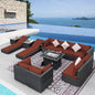 NICESOUL 13 Piece Large Outdoor Sectional with Fire Pit Table, 29.3'' High Back Patio Furniture with Fire Pit Table & Chaise Lounge, Big Deep 10-Seater for Garden, Grey Wicker & Burgundy Cushion