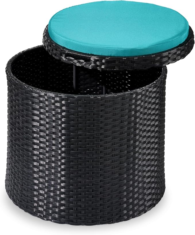 Best Choice Products Round Wicker Ottoman, Multipurpose Outdoor Furniture for Patio, Backyard, Additional Seating, Footrest, Side Table w/Storage, Removable Cushions – Black/Teal