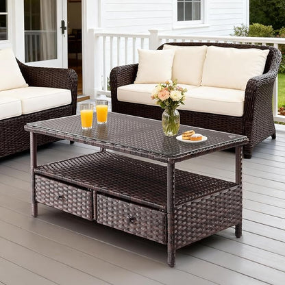 VINGLI Outdoor Wicker Coffee Table with 2 Drawers & Tempered Glass Top, Patio Coffee Table Outdoor Table for Balcony, Porch, Deck
