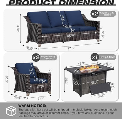 Joyside Wicker Patio Furniture Sets, 5 Pieces Upgraded Large Size Outdoor Furniture with Patio Dining Chair, Two 3-Seat Sofa, Fire Table,Thick Cushions, Wide Armrest, Blue
