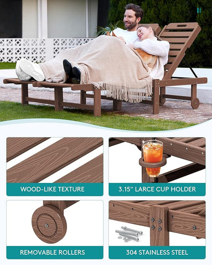 SERWALL Patio Chaise Lounge, HDPE Outdoor Lounge Chair with Cup Holder, 5 Positions Adjustable Poly Lounger with Rolling Wheels for Poolside, Deck, Sunbathing, Brown