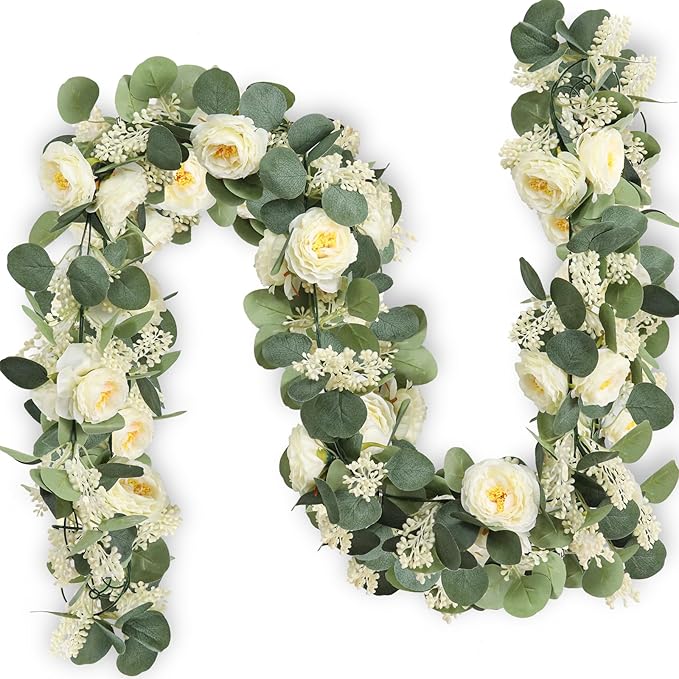 Artificial Eucalyptus Garland 2-Pack, 6.6 Ft Champagne Roses