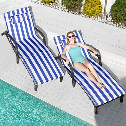 Chaise Lounge Chairs Outdoor Set of 2, Comfy Outside Wicker Patio Pool Lounge Chair w/ 5 Adjustable Back Angle, Cup Holder, Thicken Cushion