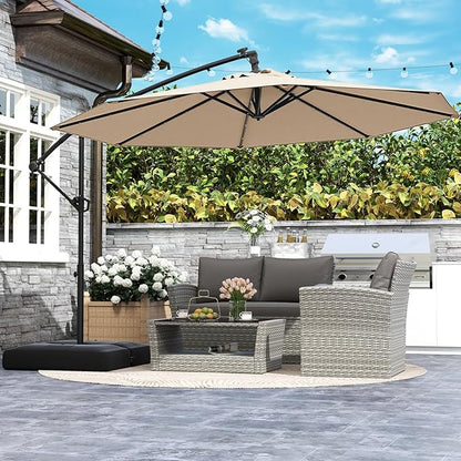Tangkula 10ft Solar LED Patio Umbrella with Base, Offset Cantilever Outdoor Umbrella with 32 LED Lights, Infinite Tilt, 360 Degree Rotation, Crank Handle for Pool Deck Garden Backyard (Beige)