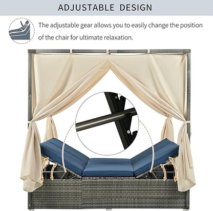 Patio Chaise Lounge, Gray PE Rattan Outdoor Patio Wicker Sunbed Daybed with Adjustable Seats, Four-sided Canopy, Overhead Curtain and Blue Cushions for Backyard, Garden, Poolside (for 2-6 people)
