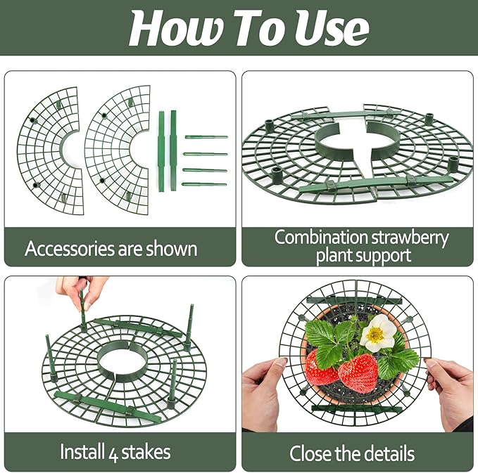 4 Sets Strawberry Plant Support with Mesh Plant Cover,Strawberry Growing Racks Sets with Iron Plant Nails and Storage Bag for Garden Strawberry Vegetables(Green Net - Round)