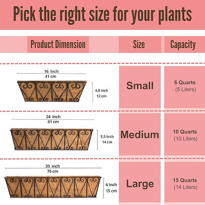 LaLaGreen Large Rail Planters - 2 Pack, 24 Inch Wall Hanging Basket with Coco Liner Deck Railing Hanging Window Flower Box Outdoor Black Metal Trough Plant Holder Fence Balcony Patio Porch Garden